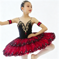 Robe de tutu de ballet professionnelle rouge et noire pour filles, décorée de strass, en tulle superposé, costume de danse pour enfants pour compétitions et spectacles