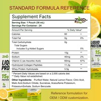 Shot de protéines liquides |   15g de collagène et de protéines de lactosérum hydrolysées |   Vitamine C 0g Sucre Matières grasses Glucides |   Citron Naturel 24 Sachets