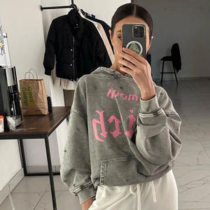 Sudadera con capucha de rizo francés lavado con ácido gris oscuro para mujer ropa de calle personalizada 480gsm sudaderas con capucha de lavado asid Portugal - Product Image 4