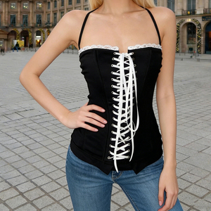 Top corset noir à bretelles et lacets pour femme, sexy, ajusté, dos nu, sans manches, style gothique, vêtements de club, vente en gros - Product Image 2