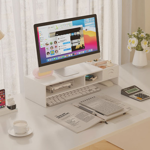 Computer <b>Riser</b> Desk Monitor Stand 2-Tier Storage Drawer Office Organizer White Rectangle Standing Type - Product Image 1