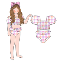 Little Glow Kid Nouveau Modèle Mode Écologique Impression Personnalisée Ensemble 2 Pièces pour Filles Maillot de Bain Smocked Manches Bouffantes