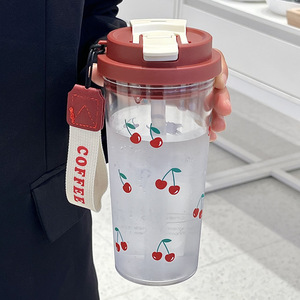 Cherry Puppy Plastic Water Cup With Lid And Strap Cherry Pattern Large Capacity Portable Drinkware For Daily Use - Product Image 1