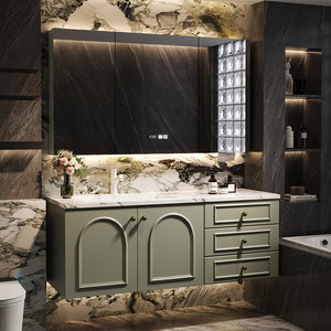 French-style Luxury Stone-Look Seamless Ceramic Integrated Basin Smart Multi-Function <b>Mirror</b> <b>Wall</b>-Mounted Bathroom Cabinet - Product Image 5