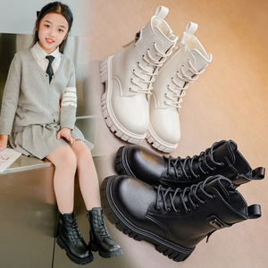 Bottes pour filles automne-hiver 2025, nouvelles bottes en cuir artificiel à mi-tube de style princesse britannique, noir/blanc cassé, taille moyenne/grande - Product Image 3