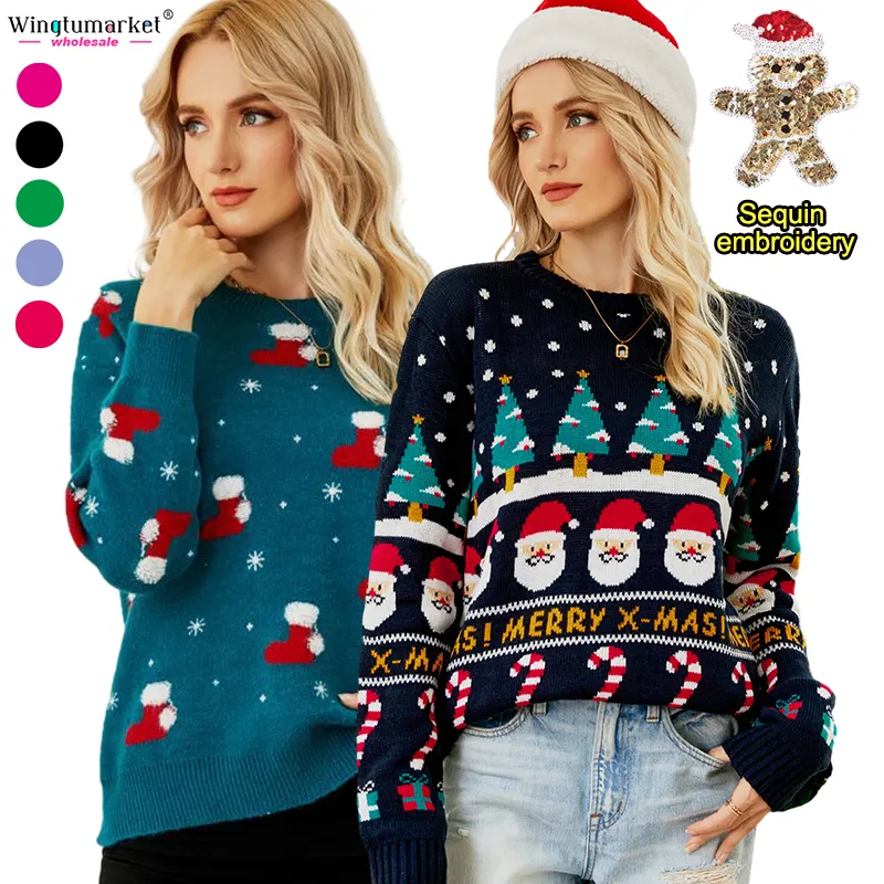 Wholesale knit sweater sequin embroidery winter long sleeve jumper gingerbread deer santa christmas sweaters for women