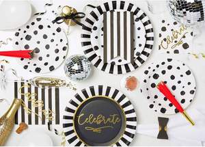 FDA Approved 9-Inch <b>Disposable</b> Black and Gold Foil Round <b>Plate</b> 350gsm White Board Party Supplies - Product Image 2