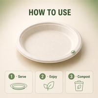 Assiette ronde en bagasse de canne à sucre de 6 pouces, entièrement compostable, résistante à l'huile, compatible micro-ondes, en pulpe moulée, pour la restauration et les plats à emporter