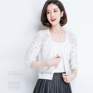 Women Openwork Knit <strong>Cardigan</strong> Korean Style Lightweight Button Front V Neck <strong>Cropped</strong> Summer Sweater for Boutique Fashion - Product Image 1