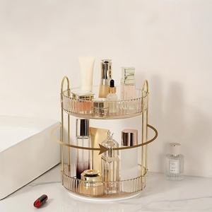 Organisateur de maquillage rotatif à 3 niveaux en plastique doré, extensible, moderne, facile à assembler, pour coiffeuse et salle de bain - Product Image 5