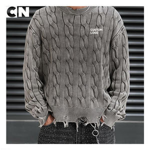 GRS Certification <b>Sweater</b> Manufacturer Custom logo Men 100% Cotton <b>Vintage</b> Distressed Cable Knitted Pullover Winter <b>Sweater</b> - Product Image 2