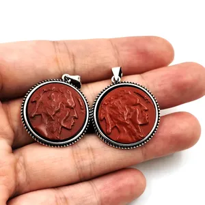 natural red Jasper jewelry men cameo carved pendant bezel gemstone charms emboss jewelry vintage silver 925 crystal necklace set