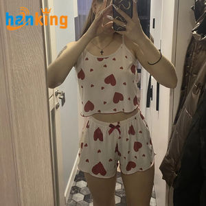 طقم بيجامة نسائي من Ehanking بطبعة قلب مكون من قطعتين، بلوزة كامي بدون أكمام مع شورت - Product Image 6