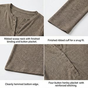 T-shirt gris à manches longues de haute qualité personnalisé TKAN1028D pour femme, coupe ajustée, col boutonné, style Y2K, basique, décontracté, sport, prix bas - Product Image 2