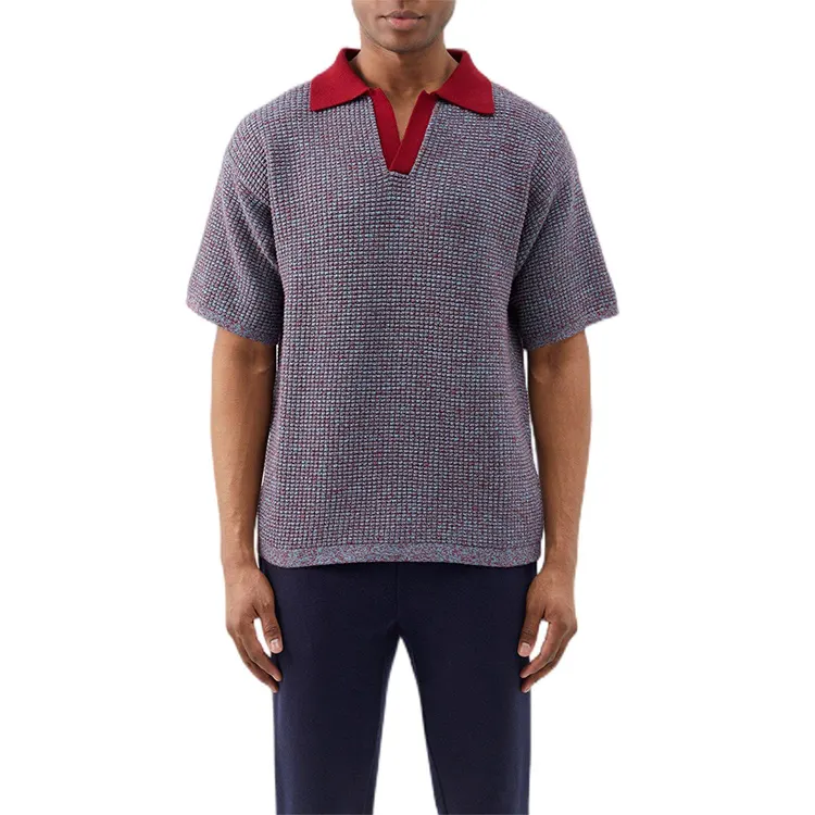 AiNear custom logo designer fashion spring knit t-shirt top men v neck short sleeve knitted men's shirts sweater