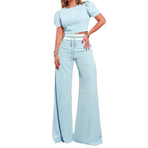 Spring and Summer New Round Neck <b>Bubble</b> Sleeve <b>Top</b> Tie Wide Leg Pants Women's Casual 2 Piece Set Fashion - Product Image 2