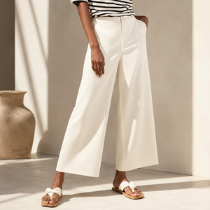 Pantalones de mujer al por mayor, de cintura alta, pierna ancha, hasta el tobillo, de crepé blanco liso, fabricados en Vietnam - Product Image 3