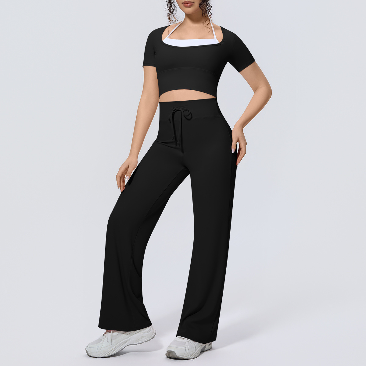 7146 short sleeve top + 7144 drawstring wide leg pants set-black