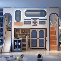 Lit mezzanine en bois massif de style luxueux JS pour enfants, ensemble de meubles de chambre avec garde-corps haut, toboggan, escalier et armoire de rangement pour garçons