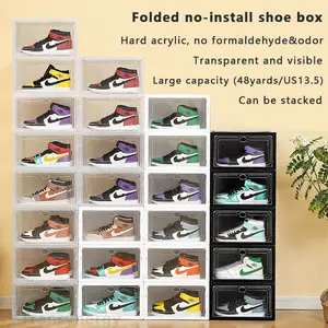Kotak Sepatu Akrilik Keras Bening Tanpa Pemasangan Buka Sisi Magnetis Stackable Sneaker Organizer Kualitas Tinggi