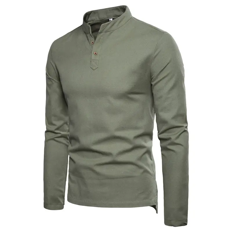 नई कपास लिनन लंबे बाजू ठोस रंग शर्ट फैशन स्टैंड-अप कॉलर दो-बटन डिजाइन प्लस आकार स्लिम पुरुषों की टी शर्ट