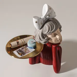 Nordic luxury home decor accessories resin statue beautiful girl storage figurine art resin craft