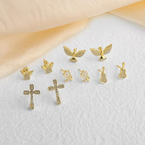 Juego de Aretes Pequeños con Cruz de Ángel, Latón Chapado <span class=keywords><strong>en</strong></span> Oro de 18k, Circonita Cúbica, Aretes Religiosos de Moda para Mujeres y Niñas - Product Image 2