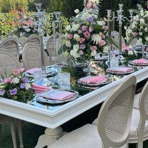 Mesa Rectangular Larga <span class=keywords><strong>para</strong></span> Banquetes de Boda, Tapa de Vidrio Azul Claro, Base Blanca, Patas Curvas, Alquiler <span class=keywords><strong>para</strong></span> Eventos de Hotel, Mobiliario Comercial - Product Image 4