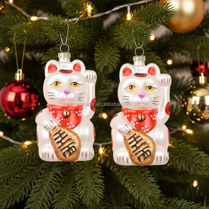 Pendentif Chat Porte-Bonheur en Verre Blanc Peint, Décorations de Noël pour l'Aménagement de Scènes d'Arbre - Product Image 1