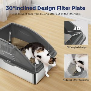 Stainless Steel Square <b>Cat</b> <b>Litter</b> Box XL Enclosed Toilet Lid Anti-Urine Leakage Non-Stick Bottom 100L Capacity Easy Clean - Product Image 3