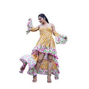 Vestido Midi Amarillo Floral con Cuello en V y Mangas Abullonadas, Vestido de Verano con Estampado Digital y Dobladillo con Volantes - Product Image 1