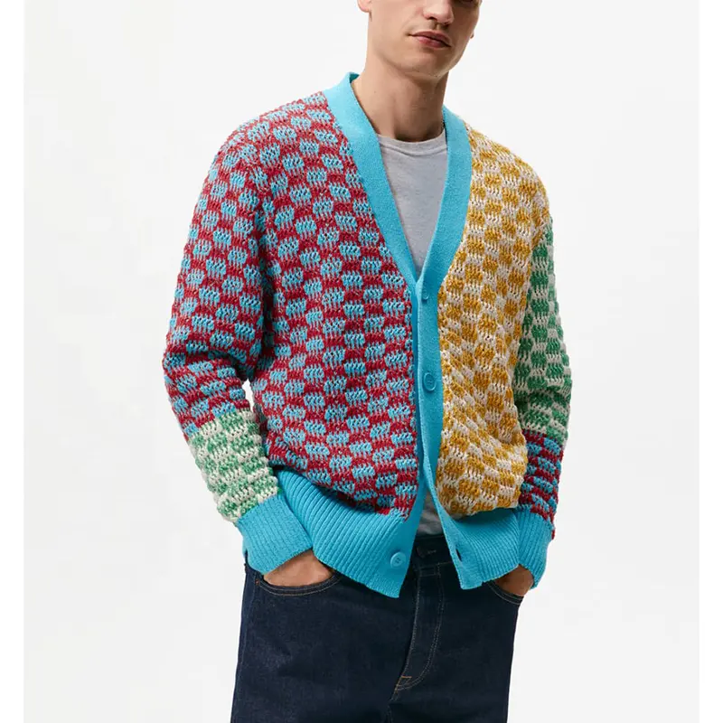 Custom Design Contrasting Color Drop Shoulder Regular Fit Button Up Stretched Knitted Men Colorful Jacquard Cardigan