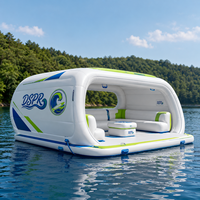 Île flottante gonflable pour parc aquatique, bar, terrasse soleil avec canapé lounge et parasol pour maison de bord de lac, vacances à la plage, détente