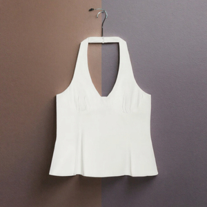 Camiseta sin mangas de punto transpirable con cuello halter y espalda en V para mujer, color liso, estilo minimalista, largo regular, blanca - Product Image 3