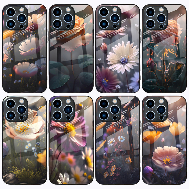 Custom Flower Designer Glossy Hard Tempered Glass Phone Case for iPhone 15 Pro Max Flowers Back Cover for iPhone 15