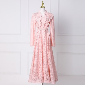 Robe Courte en Mousseline Unie Style Doux, Col Montant, Manches Bouffantes, Coupe Ajustée, Respirante, Printemps, Formelle, Vintage, Dentelle Plissée, Décontractée - Product Image 6