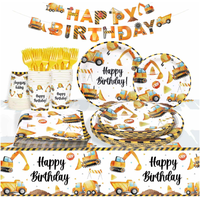 Kit de vaisselle et décorations pour fête d'anniversaire de garçon sur le thème de la construction : assiettes en carton, gobelets, serviettes, nappe, fourchettes, bannières suspendues, drapeaux, guirlandes et fournitures