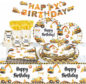 Construction Boy Birthday Party Paper Plates Cups Napkins Table Cloth Forks Tableware Kit Hanging Banners Flags Garland Supplies - Product Image 1