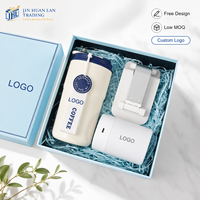 Ensemble cadeau lifestyle avec logo personnalisé, comprenant un serviette de visage douce, un gobelet de voyage, un kit de manucure et des accessoires portables, plusieurs combinaisons possibles