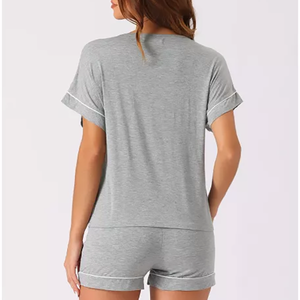 Set Pigiama da Donna con Scollo a V, Bordo Bianco a Contrasto, Top a Maniche Corte e Pantaloncini, Abbigliamento da Notte Morbido in Modal - Product Image 2