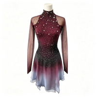 Robe de patinage artistique pour enfants, dégradé rouge vin, noir et gris, en spandex/nylon, maille ajourée, dos ouvert, ornée de strass, pour filles