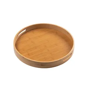 カスタムロゴ異なるサイズテーブルレストラン木製竹丸型食品サービングトレイハンドル付き