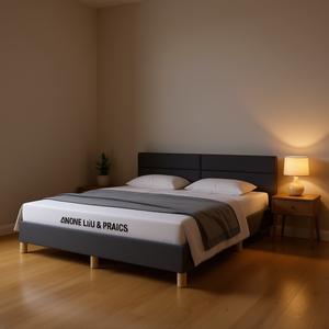 Base de Cama Tapizada en Gris Oscuro con Cabecera, Estructura de Madera con Tela Moderna, Diseño Minimalista, Tamaño Queen - Product Image 2