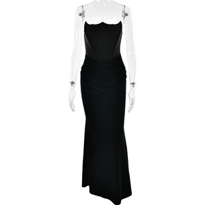 Robe longue moulante sans bretelles, taille naturelle, dos nu, couleur contrastante, robe de soirée - Product Image 5