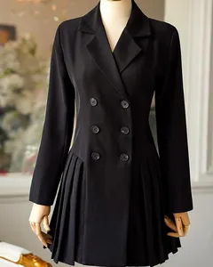 Venta al por mayor blazer vestido plisado-Ropa de diseño de lujo para mujer, blazer plisado de manga larga de color negro, vestidos formales, vestidos asiáticos elegantes, otoño 2021