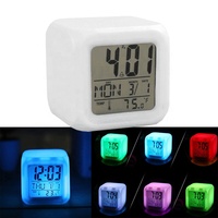 Réveil numérique LED, veilleuse avec 7 couleurs changeantes, thermomètre, Date, veilleuse, carré lumineux, alarme de bureau, 7 couleurs