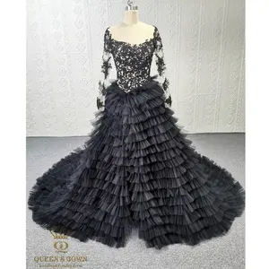 Black A-Line prom dress long sleeve O-Neck layered dress split evening gowns