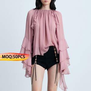 Blusa da donna in Chiffon rosa semitrasparente da donna - Product Image 1