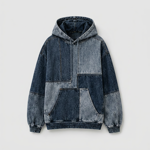 Sweat à capuche en jean pour homme, design patchwork avec poche kangourou, coupe classique, style automne - Product Image 1
