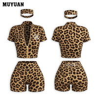Ensemble deux pièces imprimé léopard personnalisé pour femme – Veste à manches courtes et short décontracté en coton élasthanne pour l'été – Tenue de sport